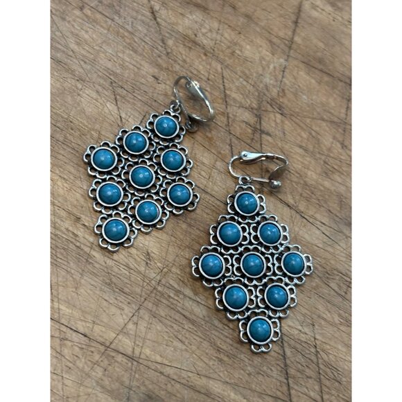Silver-Tone Drop Earrings With Blue Stone Accents & Floral Design - Picture 4 of 6
